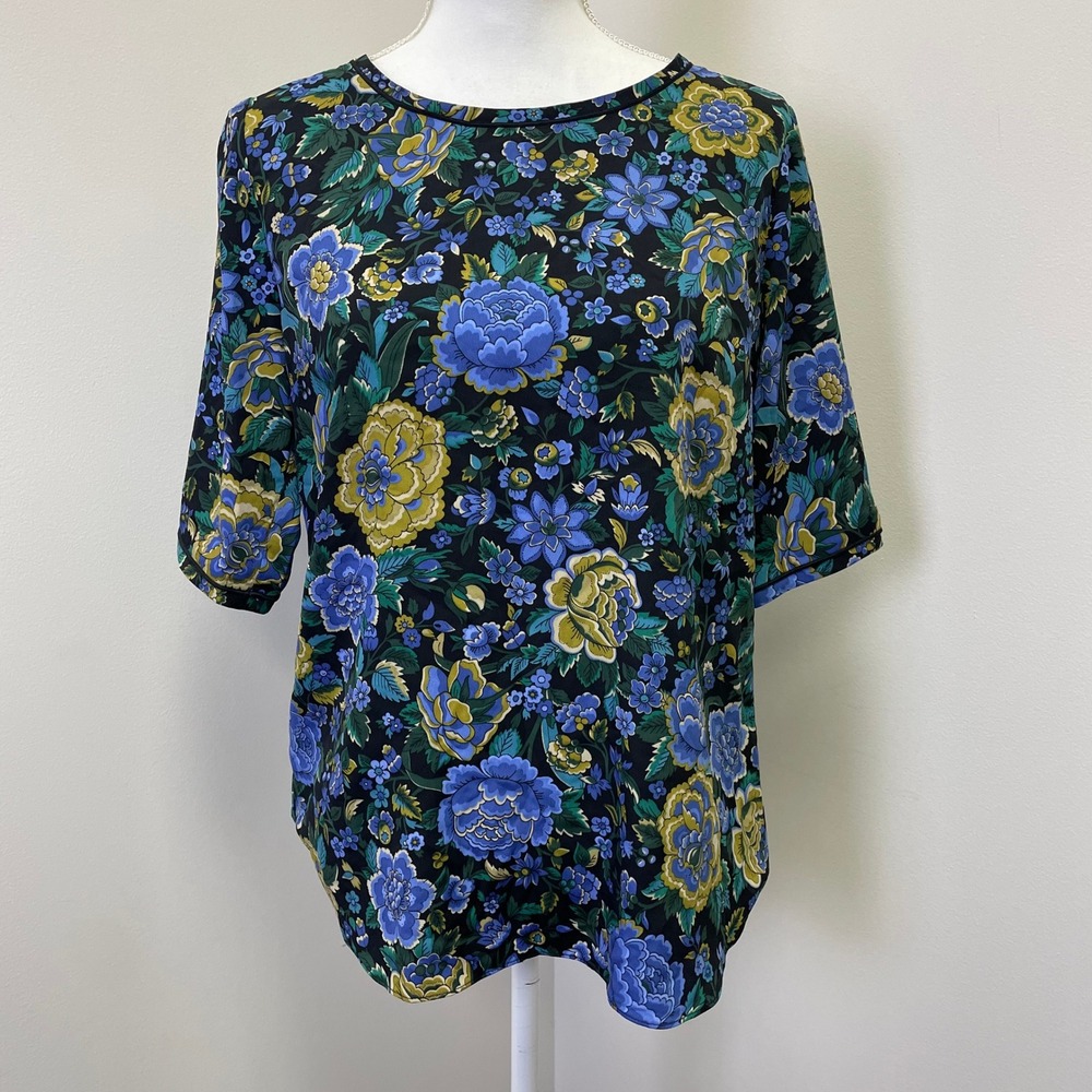 NWOT Ann Taylor Floral Print Short Sleeve Blouse S Black Blue Green Office